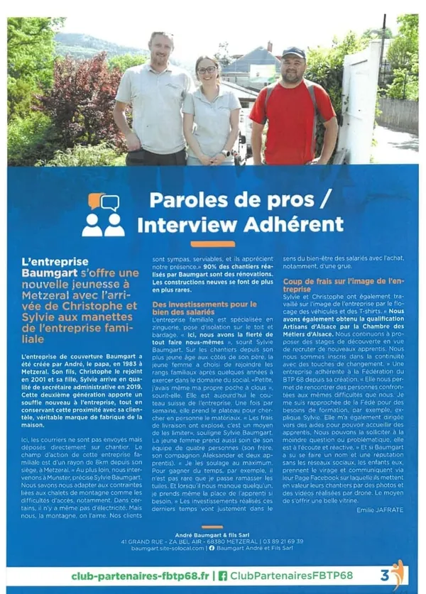 Article « Paroles de pros » consacré à l'entreprise Baumgart